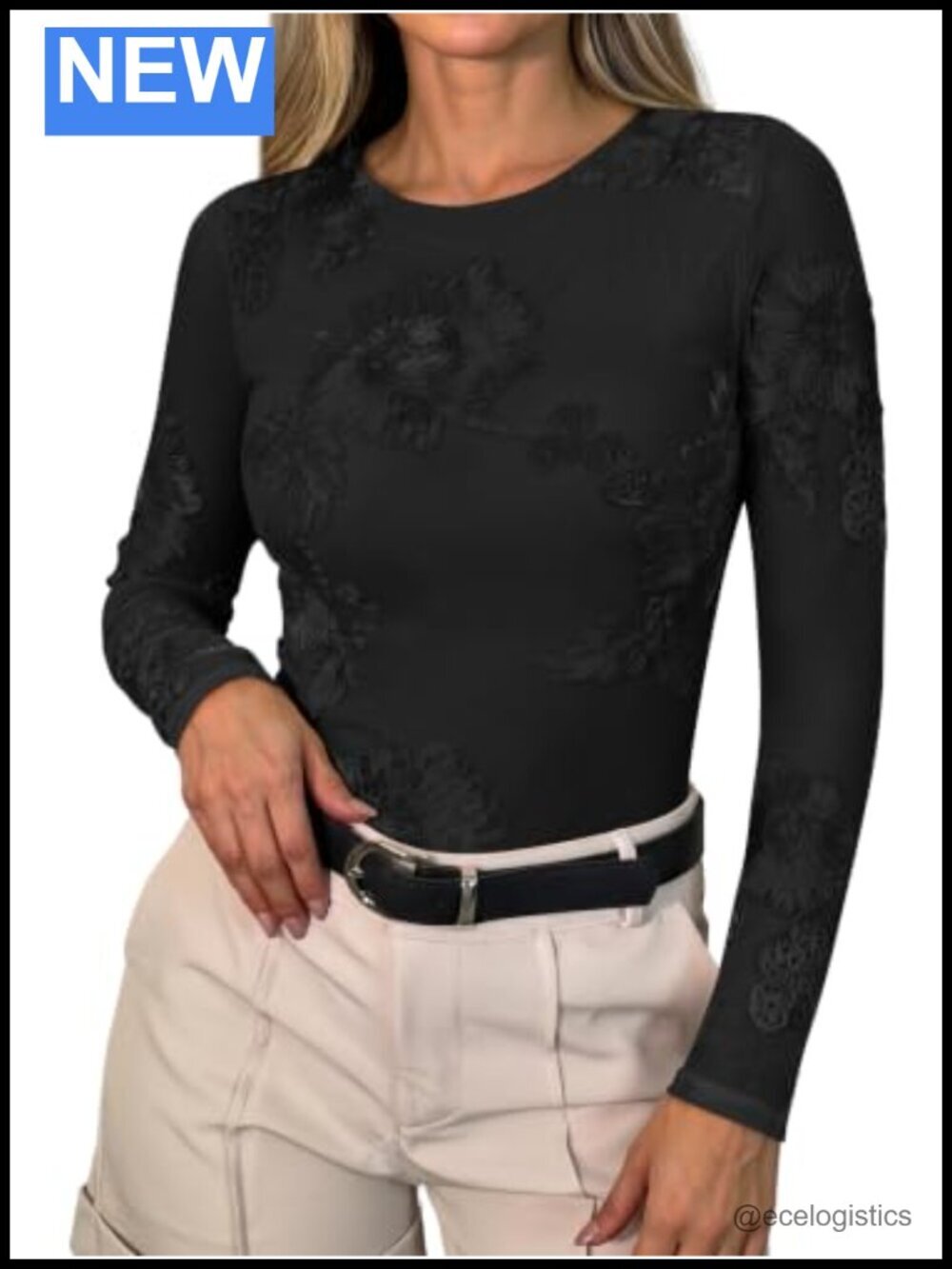 Women's Long Sleeve Floral Mesh Slim Fit Crewneck Top Dressy Casual Party Shirt